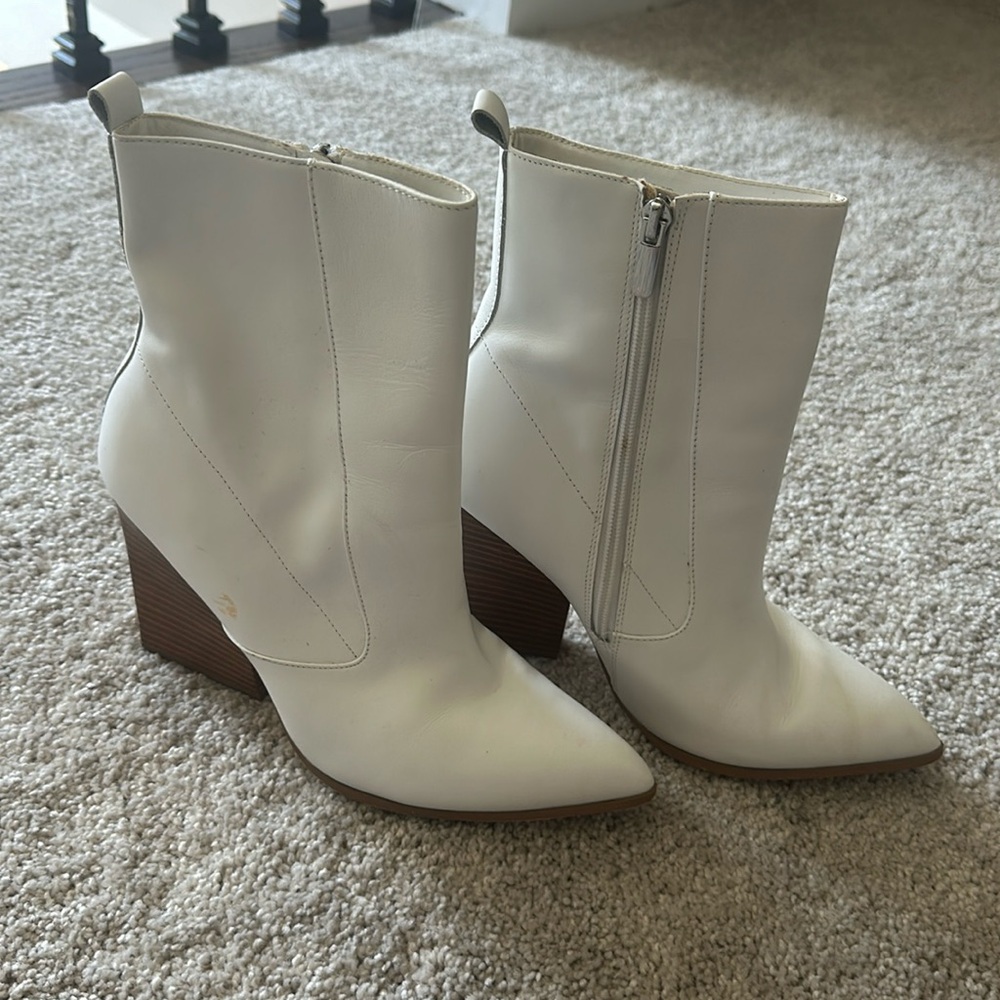 White faux leather booties with wood stacked heel